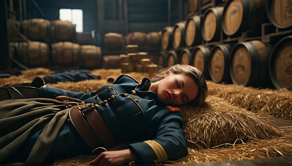 Overhead shot from above, top to down view, bird's-eye view, solo, Napoleon's beautiful female soldier falls asleep on haystacks inside logistic room, surrounded by barrels and crates, and hayes, background dark, hyper realistic, ultra detailed hyper realistic, photorealistic, Studio Lighting, reflections, dynamic pose, Cinematic, Color Grading, Photography, Shot on 50mm lens, Ultra-Wide Angle, Depth of Field, hyper-detailed, beautifully color, 8k