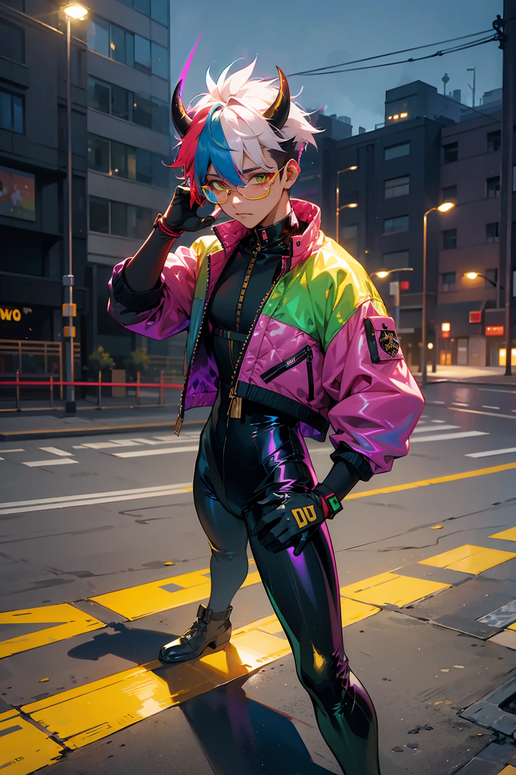 1male , Rainbow Messy Hair ,Multicolored Hair, Golden Eyes, Bull Horns , Undercut Hair , Tan Skin , Combat Gloves , Dark Green Slacks , Modern City Background , Standing on sidewalk , Hair over eyes , Holographic Glasses , Black Bodysuit , Baggy Blue Pants , Baggy Jacket 