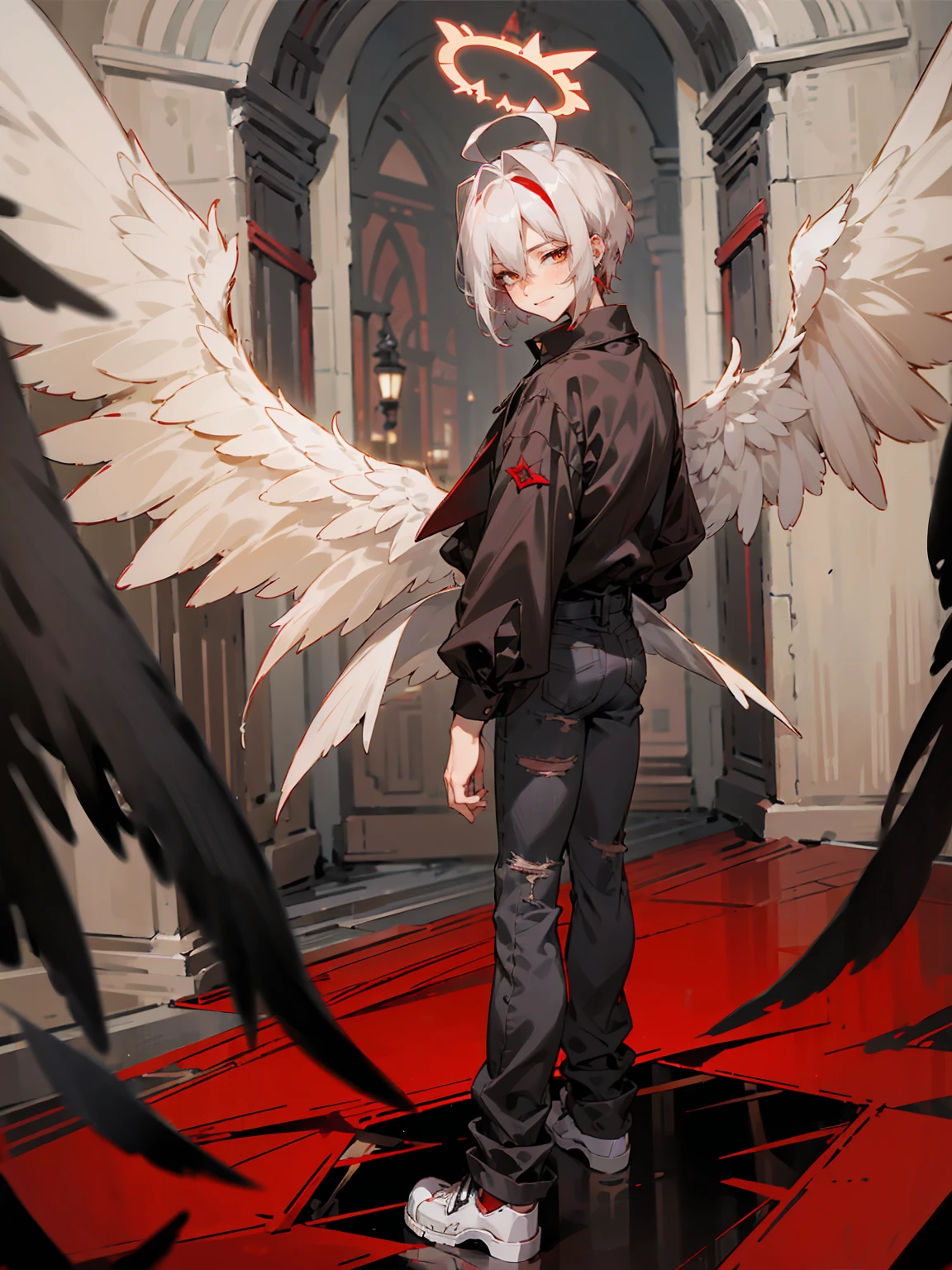 1male, Adult, Two Tone Hair, Crimson and White Hair, Short Hair, Undercut Hair, Red Angel Halo, Black Wings, Golden Eyes, Smirk, Black Flannel Shirt, Black Ripped Jeans, Standing On Path