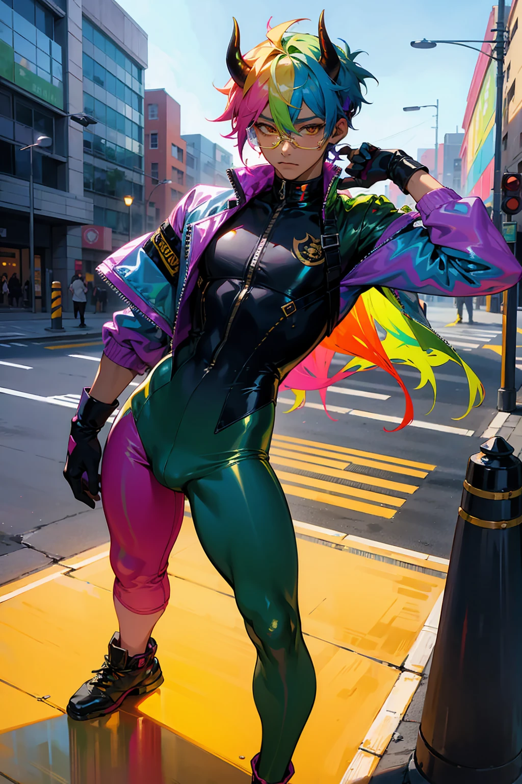 1male , Rainbow Messy Hair ,Multicolored Hair, Golden Eyes, Bull Horns , Undercut Hair , Tan Skin , Combat Gloves , Dark Green Slacks , Modern City Background , Standing on sidewalk , Hair over eyes , Holographic Glasses , Black Bodysuit , Baggy Blue Pants , Baggy Jacket 