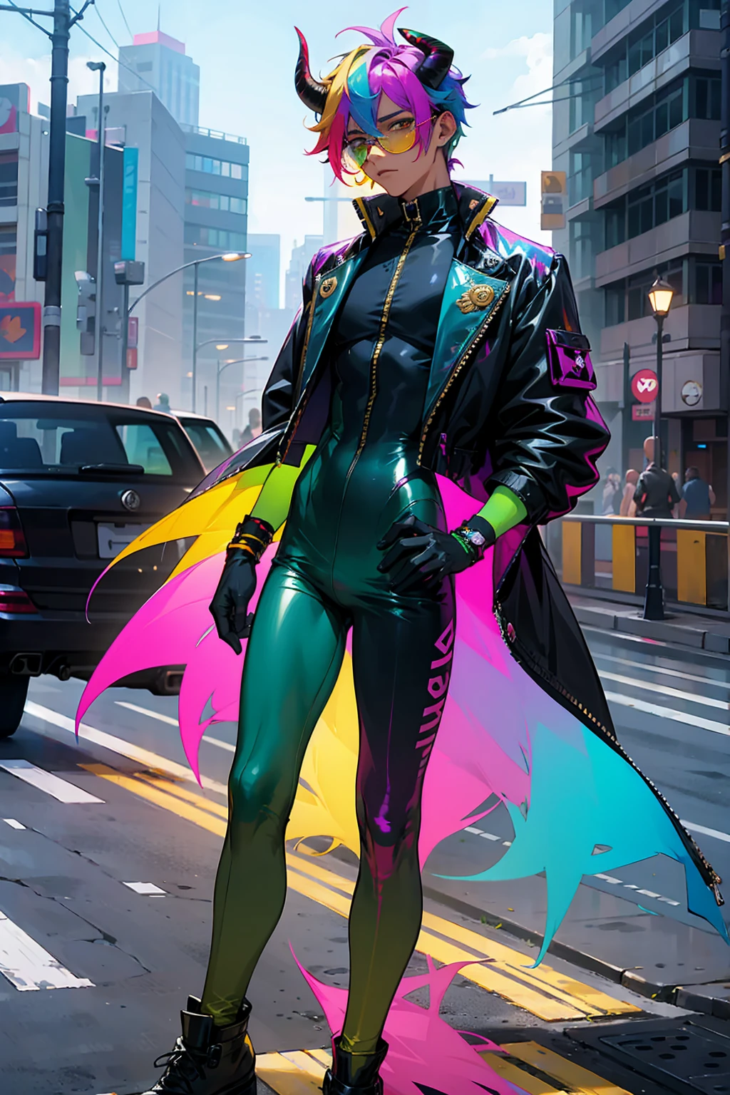 1male , Rainbow Messy Hair ,Multicolored Hair, Golden Eyes, Bull Horns , Undercut Hair , Tan Skin , Combat Gloves , Dark Green Slacks , Modern City Background , Standing on sidewalk , Hair over eyes , Holographic Glasses , Black Bodysuit , Baggy Blue Pants , Baggy Jacket 