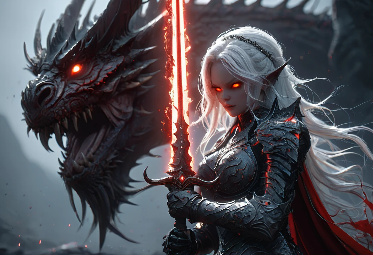 8k resolution, depth of field, photorealistic, lens flare, ((best quality)), (((intricate details))), highly detailed, (((cinematic effect))), looking at viewer,1girl,breasts,long hair, ((white hair with black highlights)), ponytail, glowing red eyes, serious and severe face, demonic armor, helmet in the shape of a blood red dragon head,holding, a black aura surrounds her,holding weapon, sword, holding sword, the blade and blood red color, night, (underworld,hells), well of cursed souls, the river styx, one of the 4 rivers of hell in the background,HD, no anatomical defects,masterpiece, best quality, hyper detailed, ultra detailed, super realistic