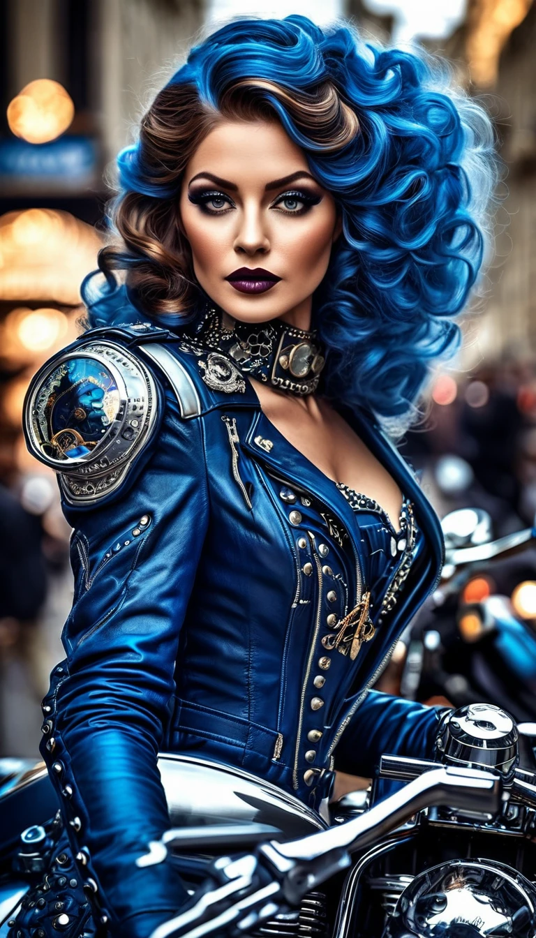 Un retrato hiperrealista de una hermosa mujer real feliz y radiante conduciendo una motocicleta futurista, (motocicleta muy detallada, motocicleta futurista de alta tecnología), femme aux cheveux bleu sombre foncé très_largo, vistiendo un vestido de encaje blanco con accesorios steampunk, ambientado en una habitación de estilo victoriano con elementos mecánicos, pechos voluminosos, flexión de pecho hacia arriba , regard intense et sensuel , corps élancé,  pose dinámica , obra maestra, hyperRéaliste, obra maestra, Calidad superior, Alta resolución, extremadamente detallado, 8k muy detallado