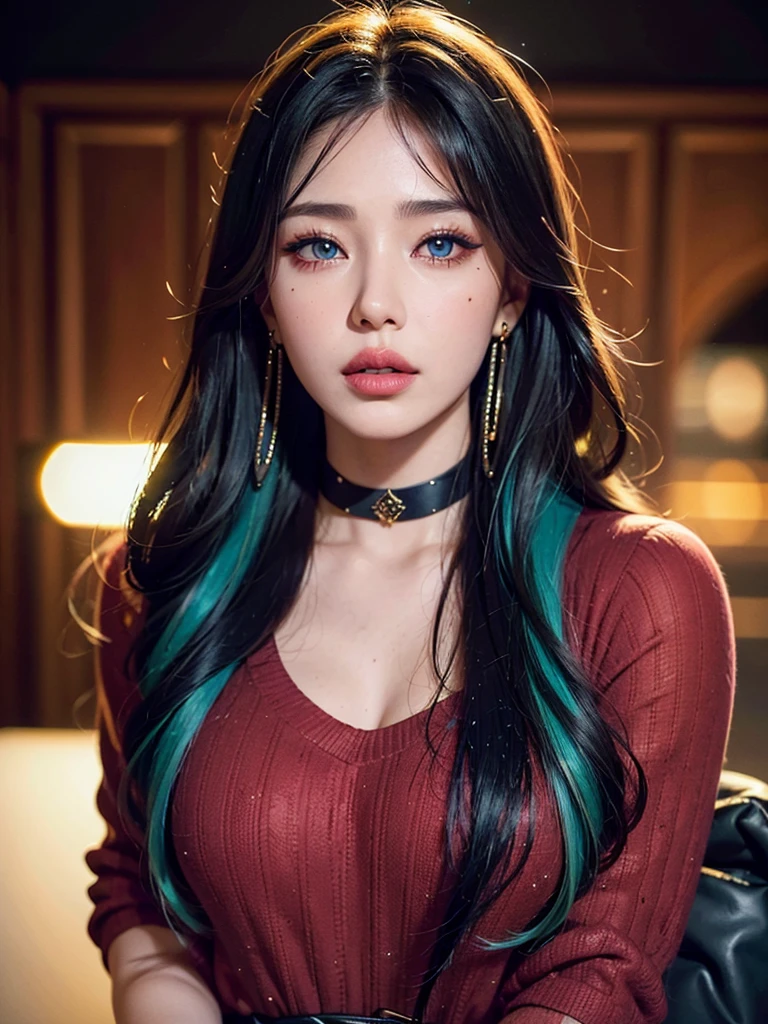  1girl, alone, solitary, high quality, (best quality,4k,8k,highres,masterpiece:1.2),ultra-detailed,(realistic,photorealistic,photo-realistic:1.37),gorgeous hair,black hair,long hair with curls and bangs,sharp eyes,mole under the eye,plump lips,jewelry,(high detailed skin:1.4),(rim lighting:1.3),(lit:1.3),(sunny day:1.3),portrait,beautiful lips,waist-length hair,seductive gaze,moles,casual clothes,colorful clothing,close up,super long hair,choker necklace,light blue eyes,bangs,fringe,dimples on the cheeks,dimples,jet black hair,darkhair,dark black hair,black,red lips,red lipstick,round lips,round pouty lips,pouty lips,douyin makeup,sparkly makeup,glitter,contact lenses,blue,green,pink,purple,wine red,highlights,colored highlights,piercings,gems,glitter,lipstick,lip gloss,ice blue eyes