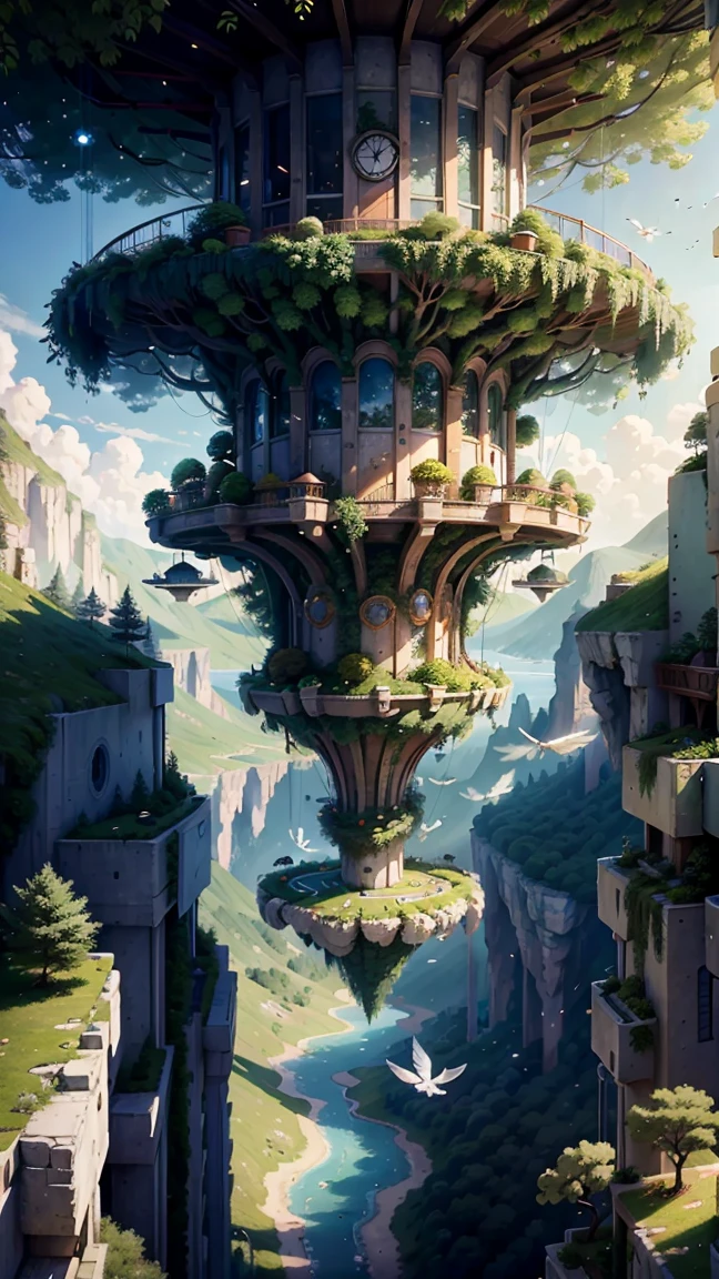 Masterpiece artwork，best qualityer，highest quallity，ultra detali，best resolution，8K，CG，illustration，realistically，aerial perspective，Surreal suspended technical building，Below is a leafy forest，Various vehicles that can be suspended，Micro flying machine