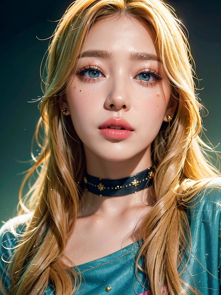  1girl, alone, solitary, high quality, (best quality,4k,8k,highres,masterpiece:1.2),ultra-detailed,(realistic,photorealistic,photo-realistic:1.37),gorgeous hair,blonde hair,long hair with curls and bangs,sharp eyes,mole under the eye,plump lips,jewelry,(high detailed skin:1.4),(rim lighting:1.3),(lit:1.3),(sunny day:1.3),portrait,beautiful lips,waist-length hair,seductive gaze,moles,casual clothes,colorful clothing,close up,super long hair,choker necklace,light blue eyes,bangs,fringe,dimples on the cheeks,dimples,blonde hair,lighthair,dirty blonde hair,black,red lips,red lipstick,round lips,round pouty lips,pouty lips,douyin makeup,sparkly makeup,glitter,contact lenses,blue,green,pink,purple,wine red,highlights,colored highlights,piercings,gems,glitter,lipstick,lip gloss,ice blue eyes