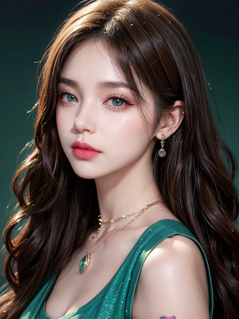  1girl, alone, solitary, high quality, (best quality,4k,8k,highres,masterpiece:1.2),ultra-detailed,(realistic,photorealistic,photo-realistic:1.37),gorgeous hair,light brown hair,long hair with curls and bangs,sharp eyes,mole under the eye,plump lips,jewelry,(high detailed skin:1.4),(rim lighting:1.3),(lit:1.3),(sunny day:1.3),portrait,beautiful lips,waist-length hair,seductive gaze,moles,casual clothes,colorful clothing,close up,super long hair,choker necklace,light green eyes,bangs,fringe,dimples on the cheeks,dimples,brown hair,lighthair,brown hair,black,red lips,red lipstick,round lips,round pouty lips,pouty lips,douyin makeup,sparkly makeup,glitter,contact lenses,blue,green,pink,purple,wine red,highlights,colored highlights,piercings,gems,glitter,lipstick,lip gloss,green eyes,tattoos,tattooed,navel piercing