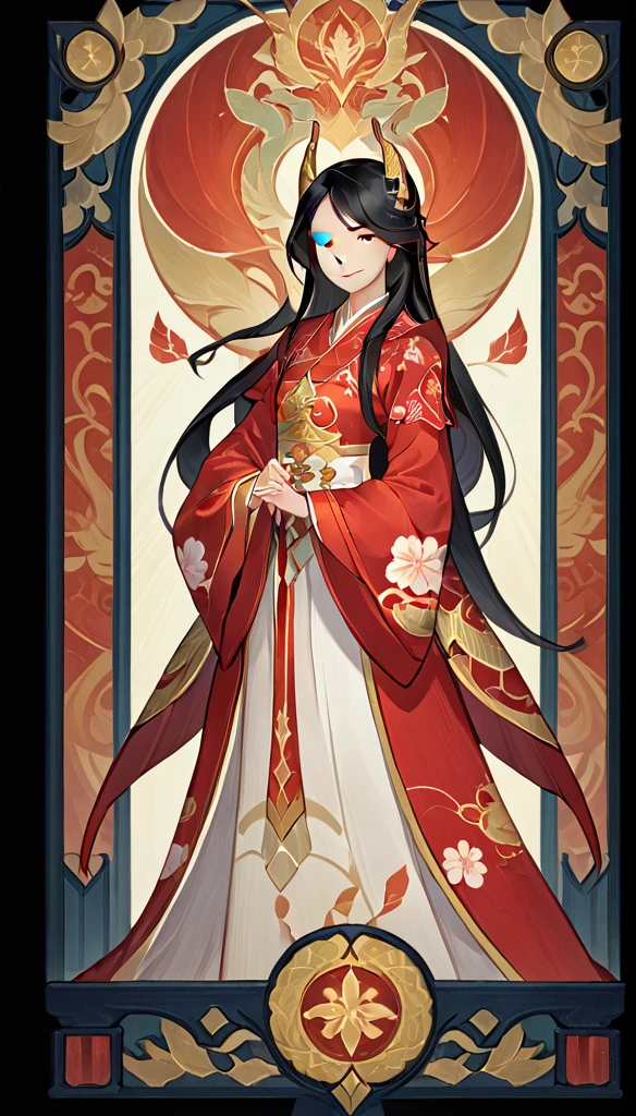 score_9, score_8_up, score_7_up, score_6_up, score_5_up, score_4_up, 
female, Mulan, long hair, black hair, brown eyes, eyelashes, frills, Chinese general costumes,, long sleeves, long sleeves, light smile,
Full body standing painting, (((solo))), Clear facial features, Simple line design, ((tarot card background, symmetric beauty)), perfectly symmetrical, The art of symmetry, Standing drawings of characters, ((flatcolors)), tmasterpiece，top Quority，best qualtiy，Ultra-high resolution, ((Clear facial features，beautidful eyes，beauitful face, Exquisite facial features)),