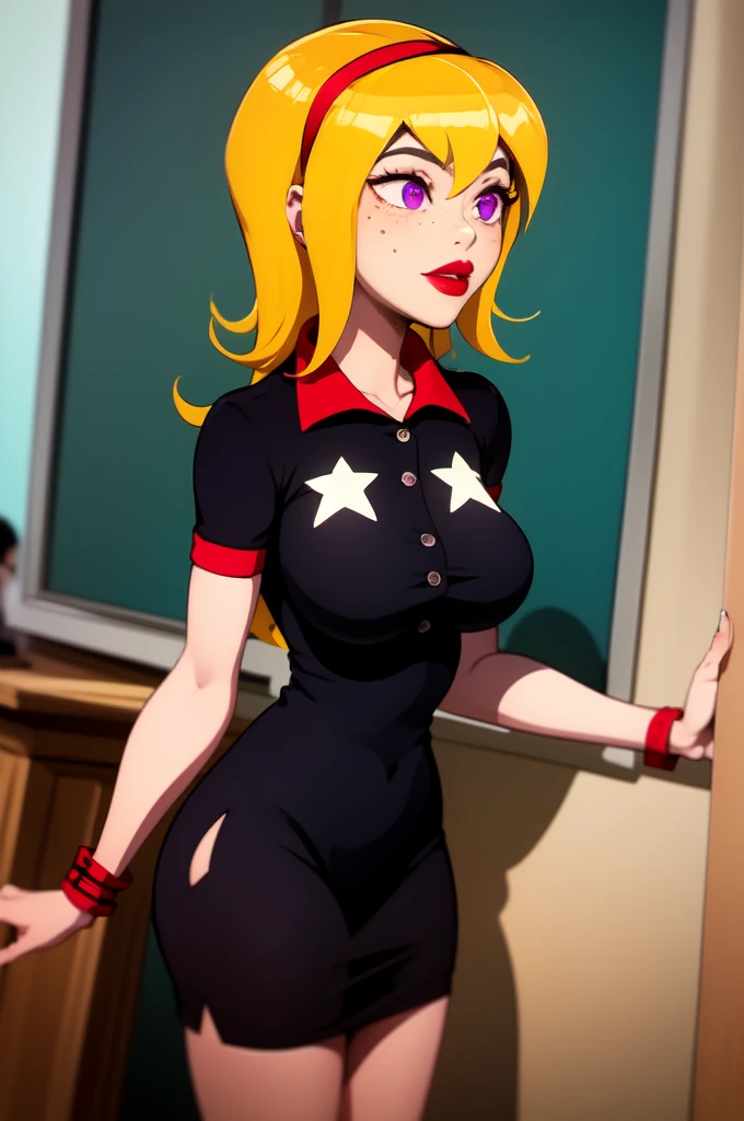 yellow hair, black dress, freckles, lipstick, big boobs, purple eyes, Lucy Mann, big ass, seductive pose, solo, tight outfit, masterpiece, high quality, humanoid, ultra 4k, black polo, red collar, red cuffs, white single 5-point star shirt design centered