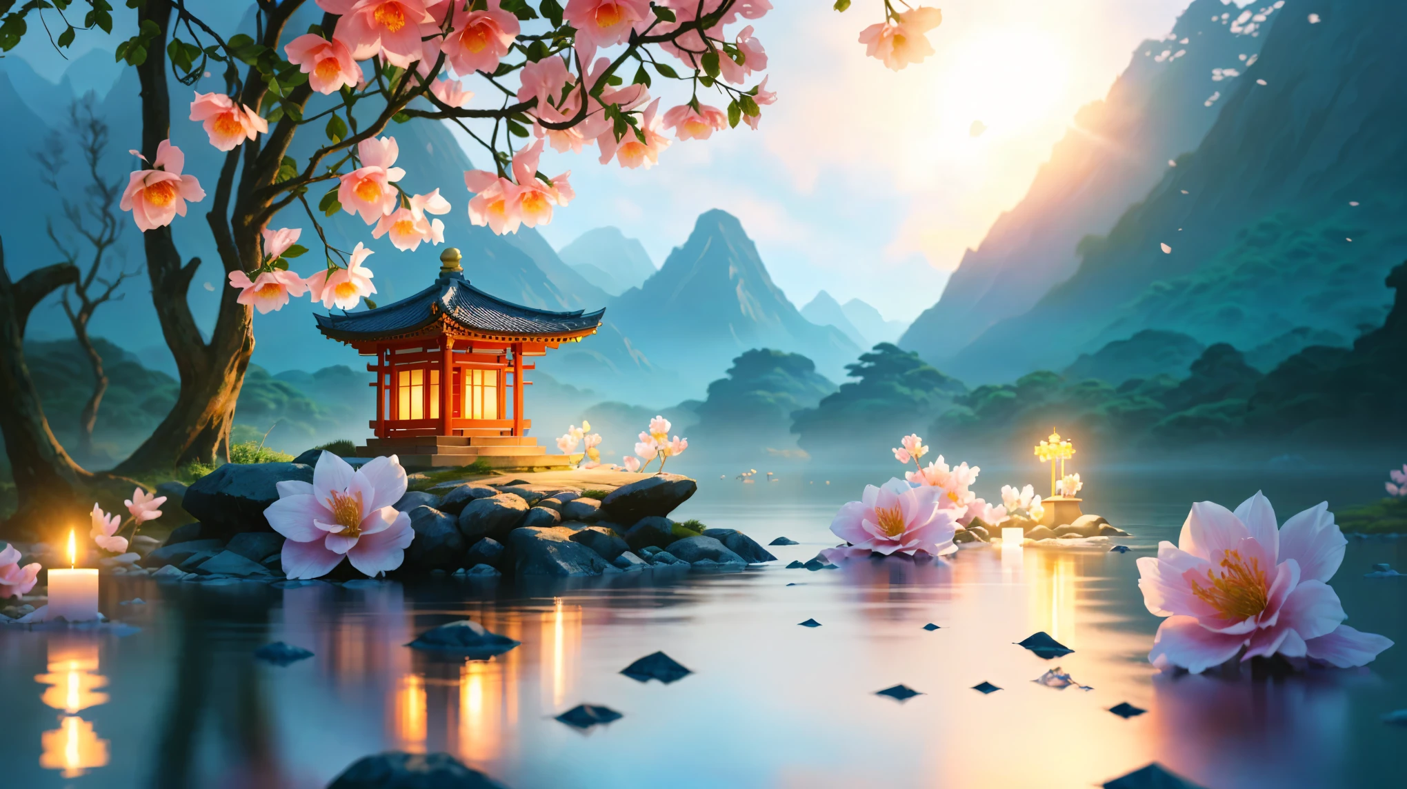 In the water there is a small shrine decorated with flowers and candles, Zen temple background, Zen Nature Background, Digital Painting of a Pagoda, Epic dreamy fantasy landscape, Serene landscape, Beautiful Art UHD 4K, Oriental wallpapers, Beautiful peaceful scene in anime, Chinese landscape, Serene landscapeの中で, Mysterious and fantastic landscape, Beautiful digital art, Quiet landscape, blissful landscape