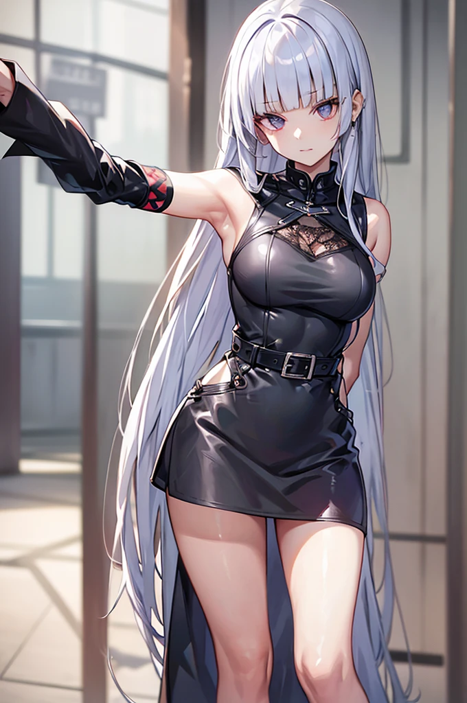 masterpiece, best quality, absurdres, perfect anatomy, 1girl, solo, long silver deep gray hair, cropped jacket, belt, cowboy shot, standing, smile, (arm behind back:1.5),(leaning forward:1.25),(perfect eyes:1.5), heterochromia, red eyes, gray eyes, leather, diamond lace, black punk,pale skin
Hime hair