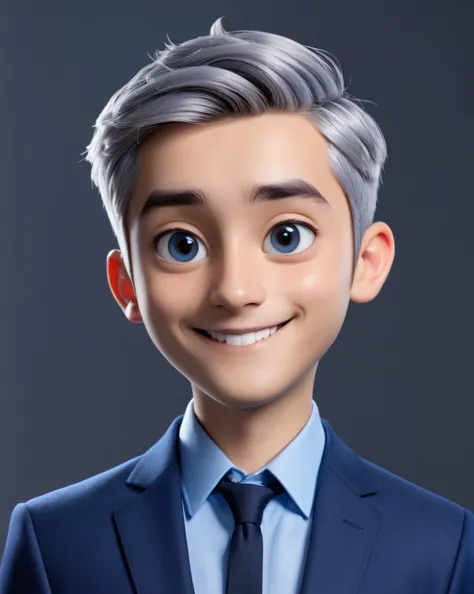 3d cartoon style, 20 years old man, short gray hair, little hair, in a dark blue suit and light blue shirt, no tie, smiling at t...