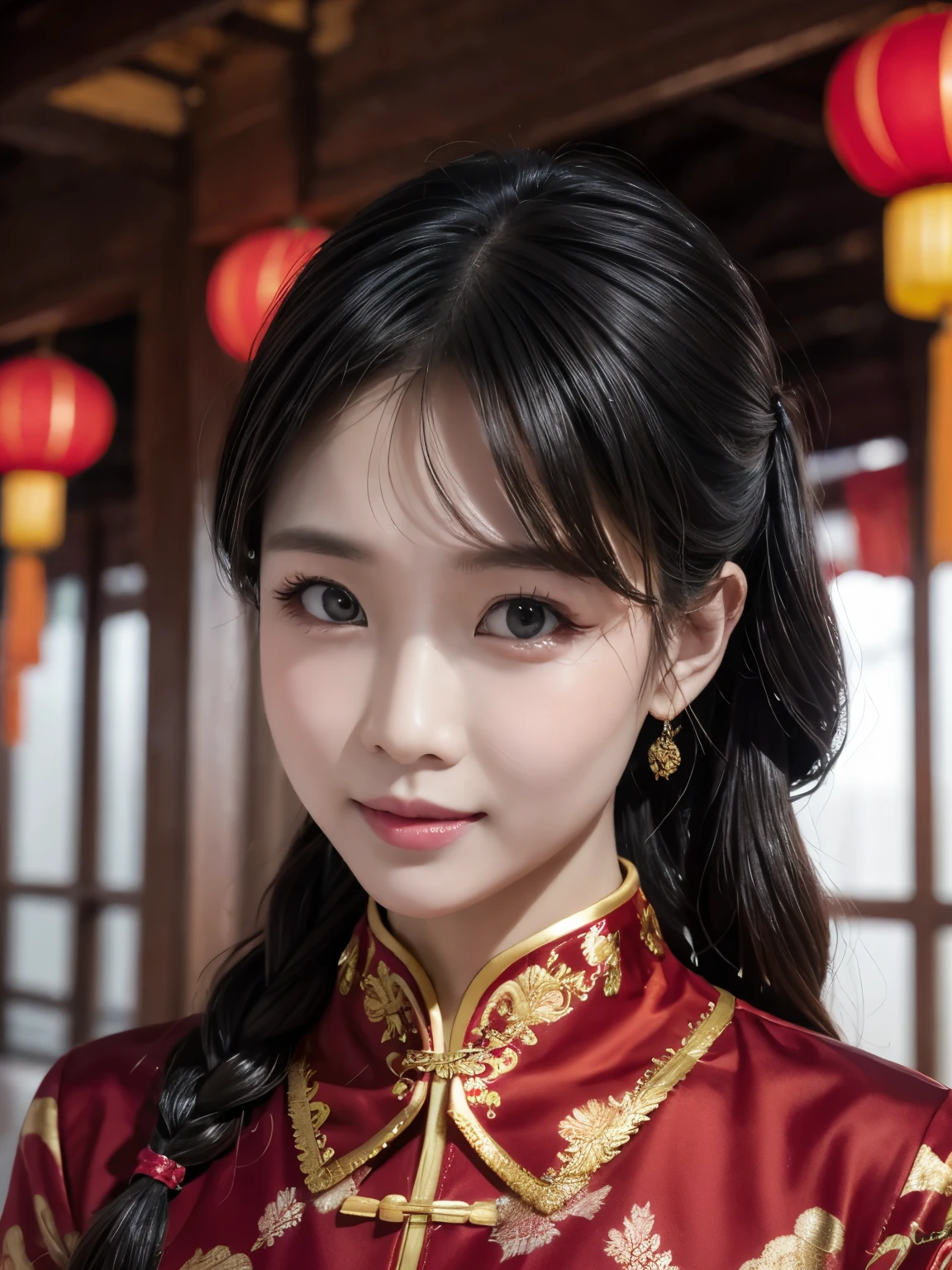 Eyes are very fragile，Double braids with cheongsam，Chinese New Year Decorations（（Smiling artwork）））， （（best quality））， （（Intricate details））， （（Surreal））（8K）