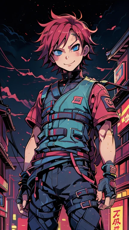 (8k),(masterpiece),(Japanese),(8-year-old boy),((innocent look)),((Childish)),From the front,smile,cute,Innocent,Kind eyes,Flat chest, Gaara,short,Hair blowing in the wind, Red Hair,Strong wind,night,dark, Neon light Cyberpunk Konoha Village 