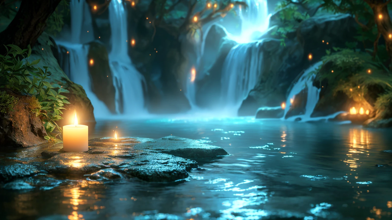 Close-up of a waterfall with a lit candle in the water, mystical forest lagoon, Fantasy style 8k octane rendering, Unreal Engine Fantasy Art, Background artwork, Unreal Engine 4K Wallpaper, Water Everware Fantasy, Highly Detailed 4K HD Wallpapers, A close-up fantasy using the magic of water, Close-up cinematic underwater scenes, Magical Environment, Highly detailed digital art in 4K