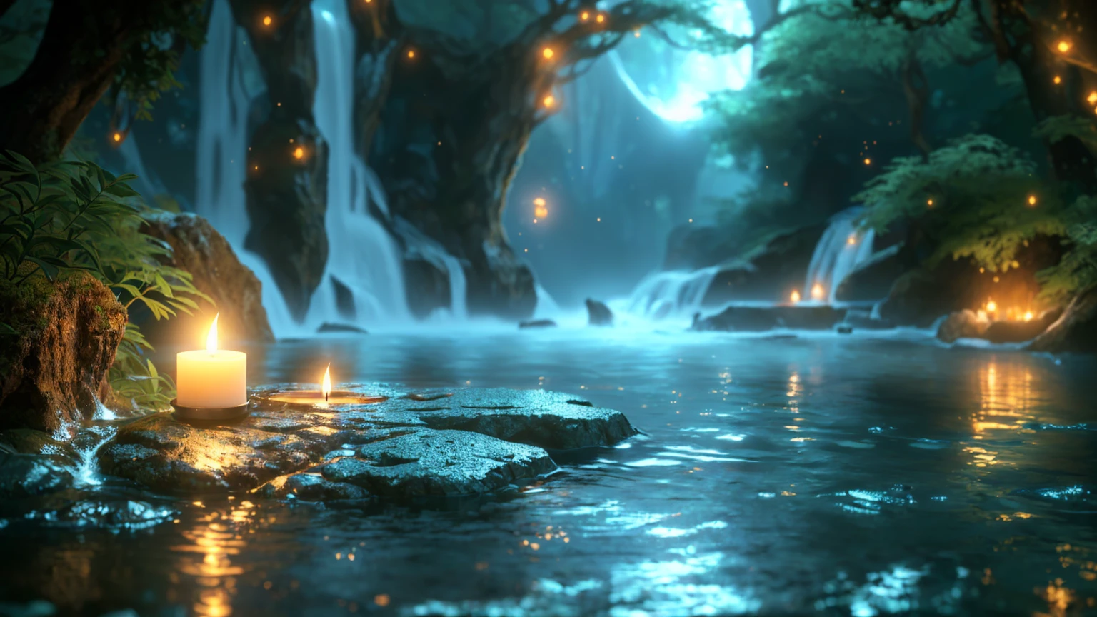 Close-up of a waterfall with a lit candle in the water, mystical forest lagoon, Fantasy style 8k octane rendering, Unreal Engine Fantasy Art, Background artwork, Unreal Engine 4K Wallpaper, Water Everware Fantasy, Highly Detailed 4K HD Wallpapers, A close-up fantasy using the magic of water, Close-up cinematic underwater scenes, Magical Environment, Highly detailed digital art in 4K