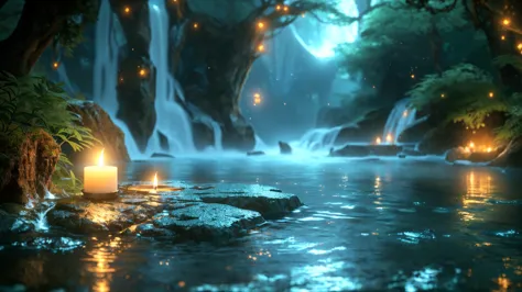Close-up of a waterfall with a lit candle in the water, mystical forest lagoon, Fantasy style 8k octane rendering, Unreal Engine...