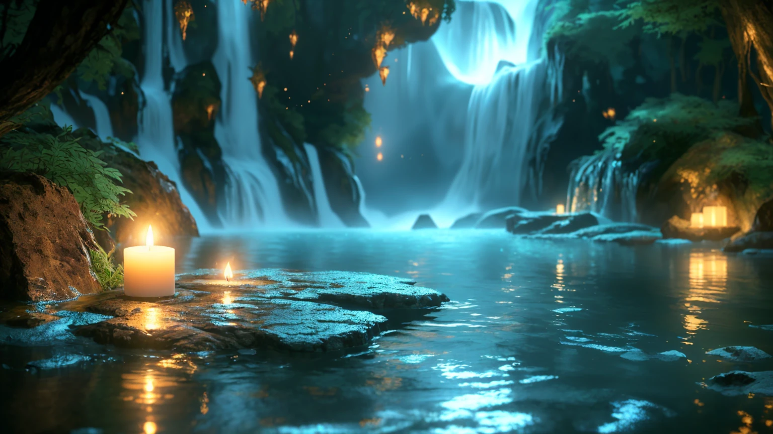 Close-up of a waterfall with a lit candle in the water, mystical forest lagoon, Fantasy style 8k octane rendering, Unreal Engine Fantasy Art, Background artwork, Unreal Engine 4K Wallpaper, Water Everware Fantasy, Highly Detailed 4K HD Wallpapers, A close-up fantasy using the magic of water, Close-up cinematic underwater scenes, Magical Environment, Highly detailed digital art in 4K