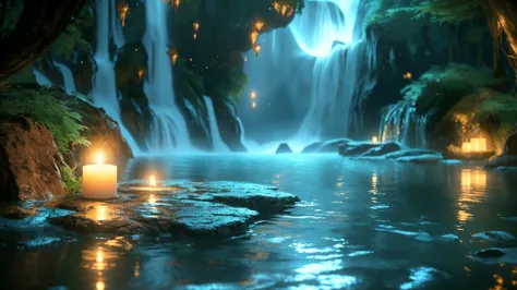 Close-up of a waterfall with a lit candle in the water, mystical forest lagoon, Fantasy style 8k octane rendering, Unreal Engine...