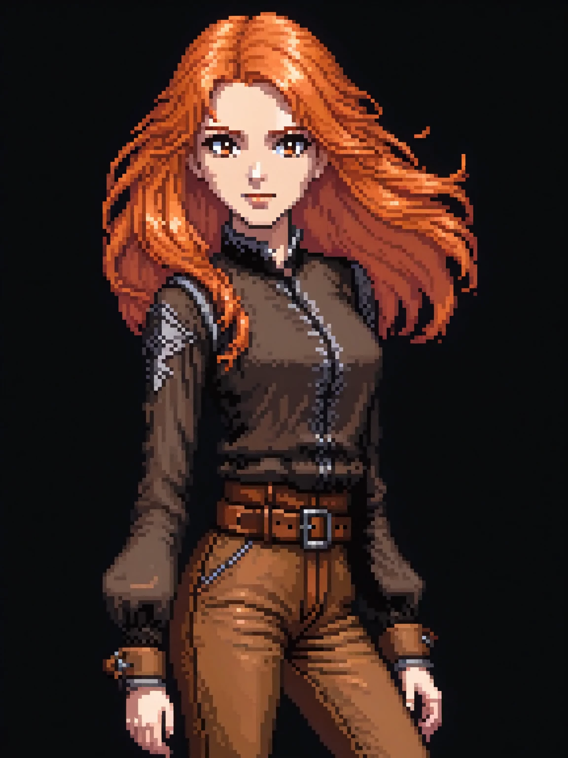 (Pixel art: 1.2), 1 femme d&#39;âge moyen, avec des cheveux mi-longs orange clair vibrant, peau brun clair, portant une chemise médiévale à manches longues marron foncé qui couvre tous les bras, Pantalon marron, une ceinture en cuir, bottes en cuir marron, vue de côté, les yeux rouges, lèvres et nez visibles, fond noir, expression menaçante.