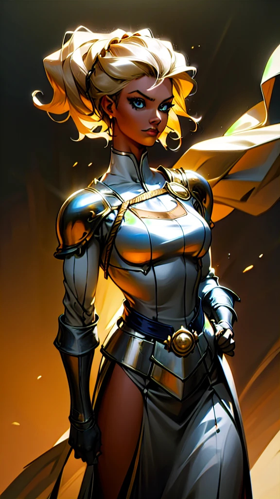 Anime, medieval fantasy style. A Girl, 25 years old, royal knight, Paladin silver armor, beautiful but severe face, detailed face, dark skin:0.8, light blue eyes, detailed eyes, African American, semi-updo blonde afro hair, detailed body, fantasy shield in the left hand, sword long in the right hand, simple battlefield background, dynamic combat pose, tense expression, full body:0.6. Detailed character, extreme attention to detail, close-up shot of the character.