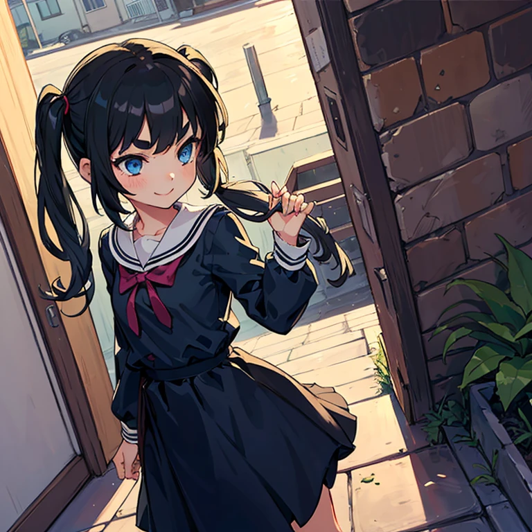 Young girl with black hair, long twintail, twintail hairstyle, (blue eyes),, ((small bushy eyebrows)), wearing gothic lolita clothing, lolicon , walking to school, flirty smile, , lifting her skirt to show her vagina wet with semen, 