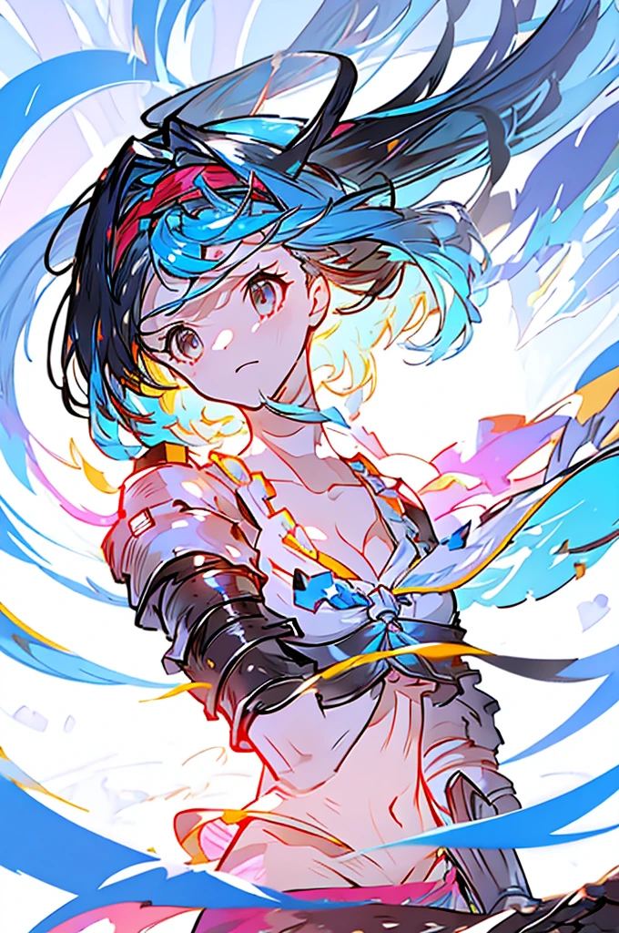 Djeeta 　Blue Hair　Black headband　Facing forward　looks strong　Black Armor　Cleavage is coming out　I have a protruding belly　Erase the background　Pure white background