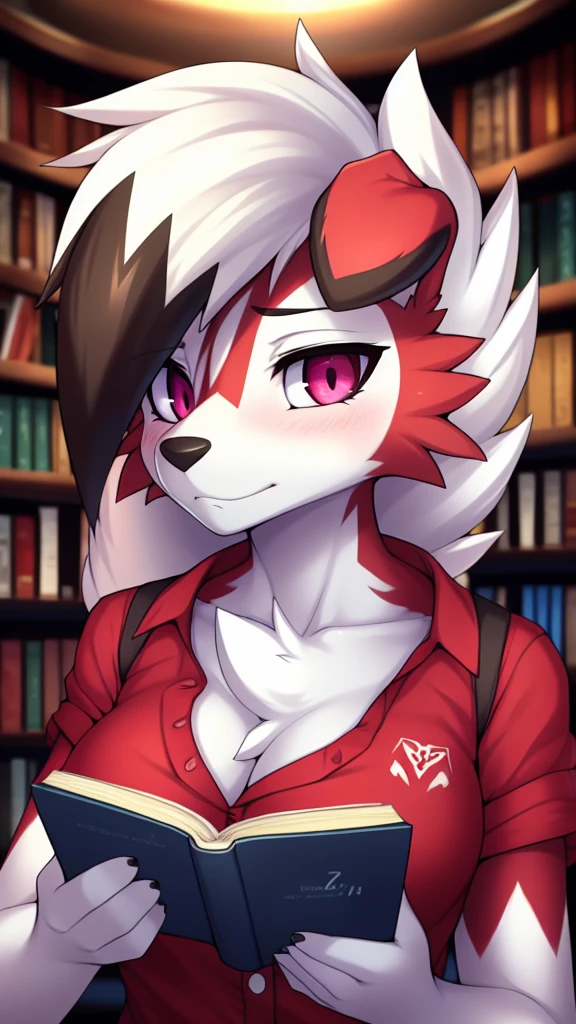 By zinfyu,by twistedscarlet60, uploaded on pixiv, by fluff-kevlar, (masterpiece), (best quality), (solo female:1.2), (extremely detailed:1.3),(detailed eye,black circle on eye,pink eye), lycanroc midnight, view on viewer, close view, shy face, half body on potrait, only body and head, close view, (tail:1.1), closeup photo of lycanroc, adult body posture, Wearing casual uniform, in library, reading book