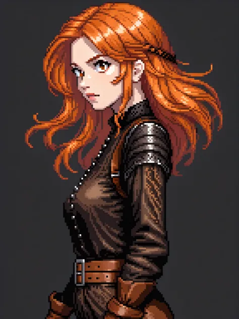 (Pixel art: 1.2), 1 middle-aged woman, with a medium-length vibrant light orange hair, light brown skin, wearing a dark brown lo...