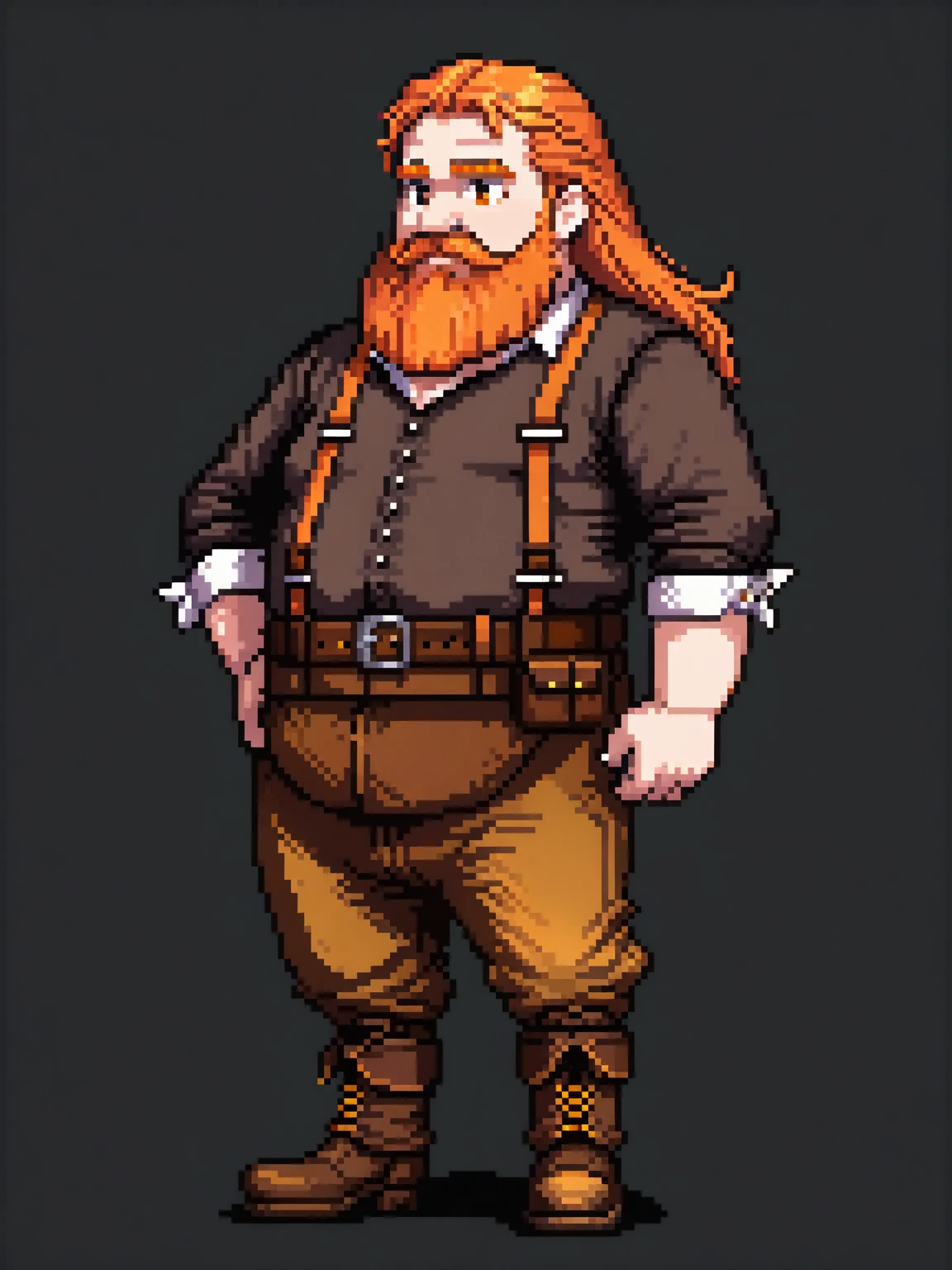 (Pixel art: 1.2), 1 middle-aged man, slightly overweight with a strong build, with a long, vibrant light orange beard and medium-length vibrant light orange hair, light brown skin, wearing a dark brown long-sleeved medieval shirt that covers the entire arms, brown pants, a leather belt, brown leather boots, side view, red eyes, visible lips and nose, Black background, menacing expression.