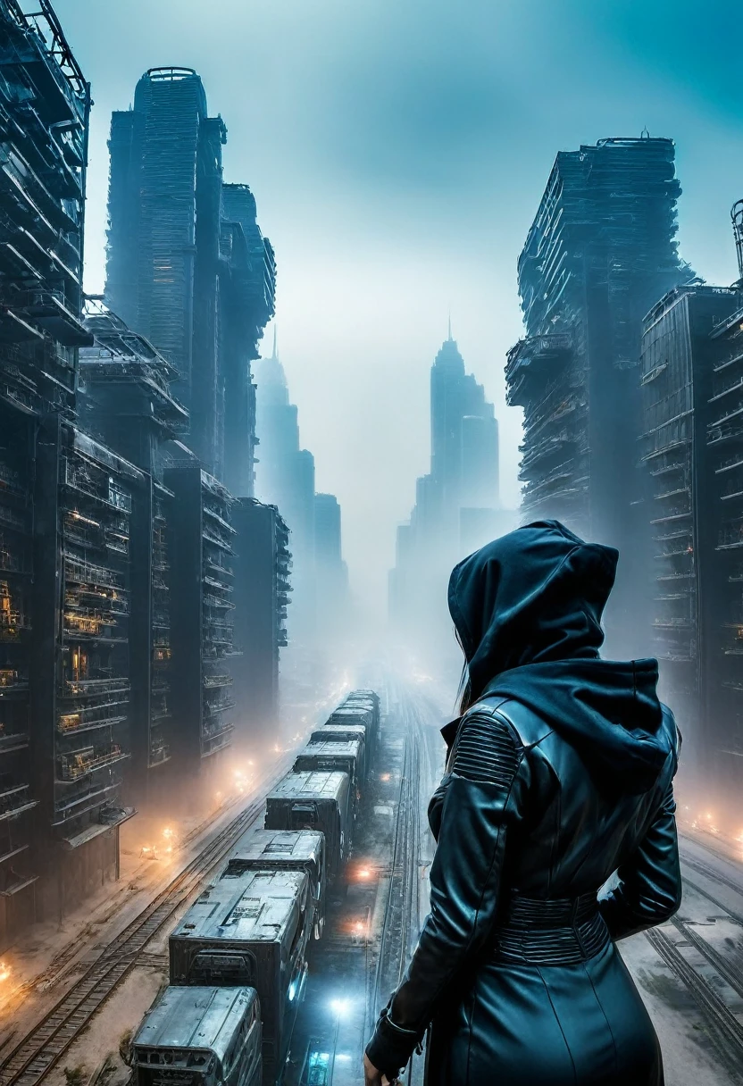 image taken from behind the shoulder of a woman from behind and DRESSED WITH A HOOD from the balcony of a futuristic building with, She is looking at an aerial view of an ultrafuturistic North American megalopolis, view of the whole city with many metallic buildings and houses in dark colors, from dark blue to black, the city has shades of metal gray, has smoky metal structures , industrial environment with smoke and fog around, dark cars on the streets, desert megalopolis, Modern metal rails and trains passing through the city streets, tall futuristic metal buildings, many ultramodern buildings around, , as realistic as possible, as detailed as possible, Science fiction
