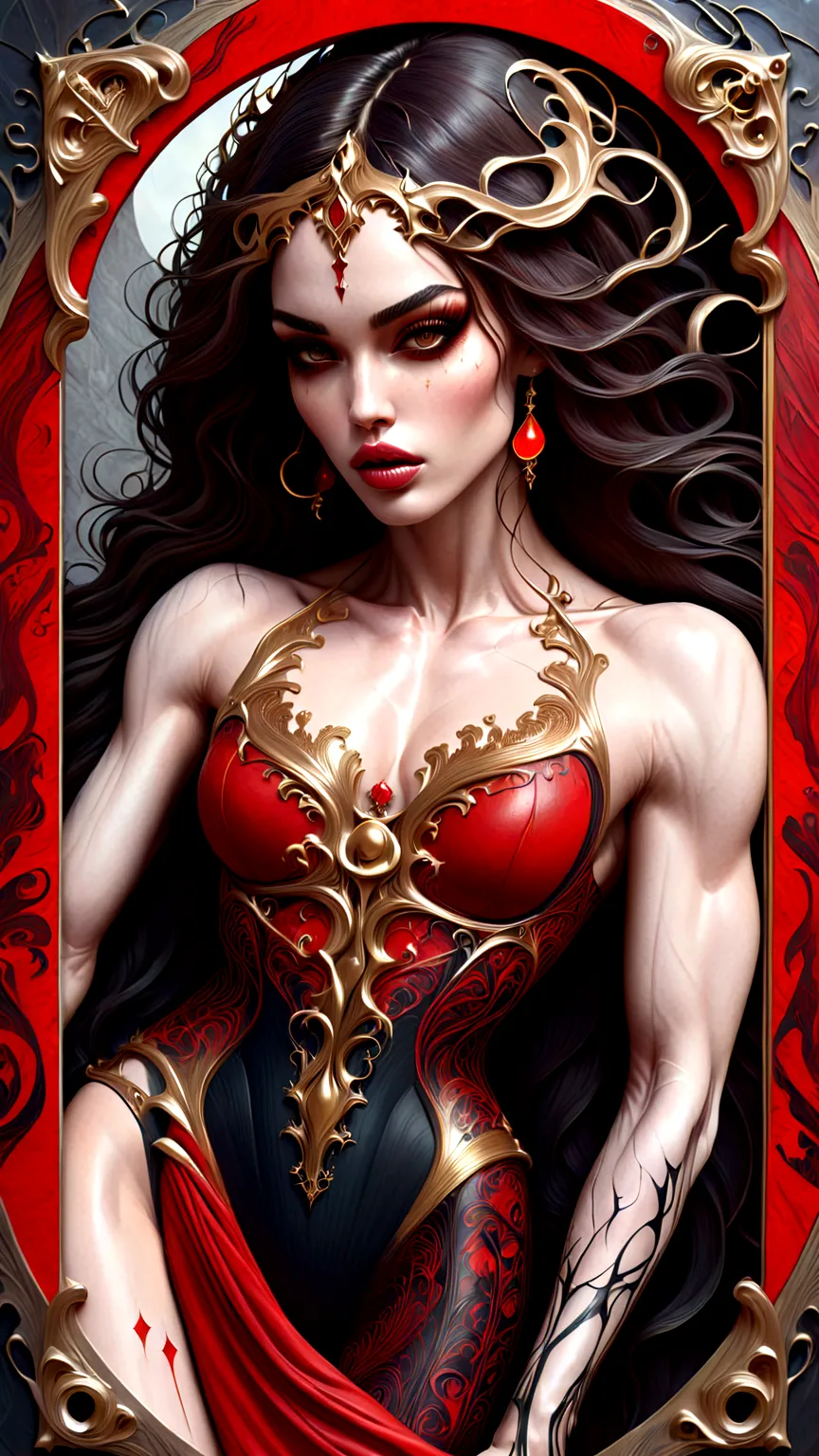 a beautiful illustration of megan fox as a very muscular vampire girl in an abstract marble texture with a tarot style frame, wi...