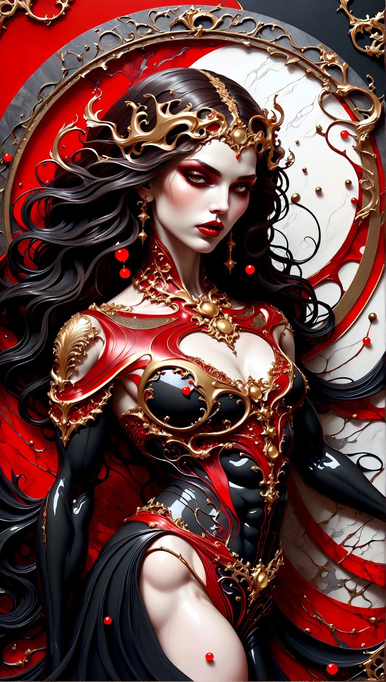 a beautiful illustration of a very muscular vampire girl in an abstract marble texture with a tarot style frame, with colors of ...
