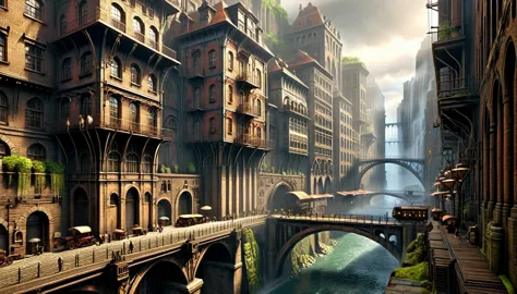 ((masterpiece)),((best quality)),((high detial)),((realistic,)) Industrial age city, deep canyons in the middle, architectural s...