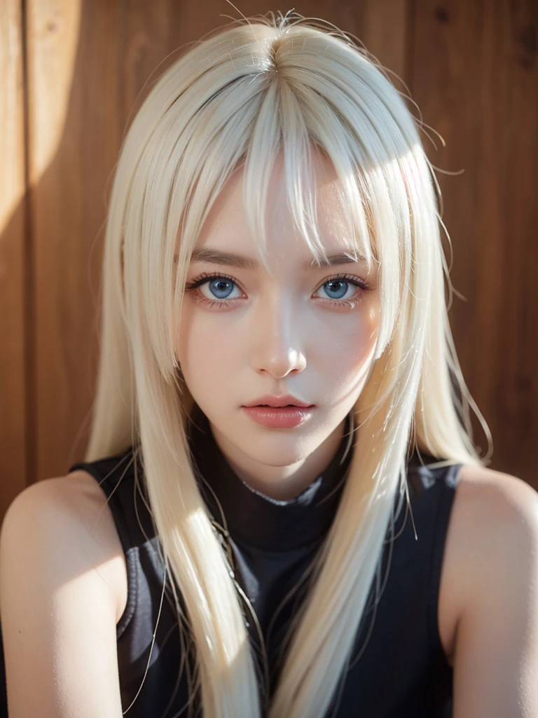 a beautiful detailed 1girl, extremely detailed eyes and face, long silky white hair, beautiful blue eyes, looking at viewer, realistic, photorealistic, photo-realistic, HDR, 8k, high quality, masterpiece, professional, ultra-detailed, vivid colors, studio lighting, physically-based rendering,Room background