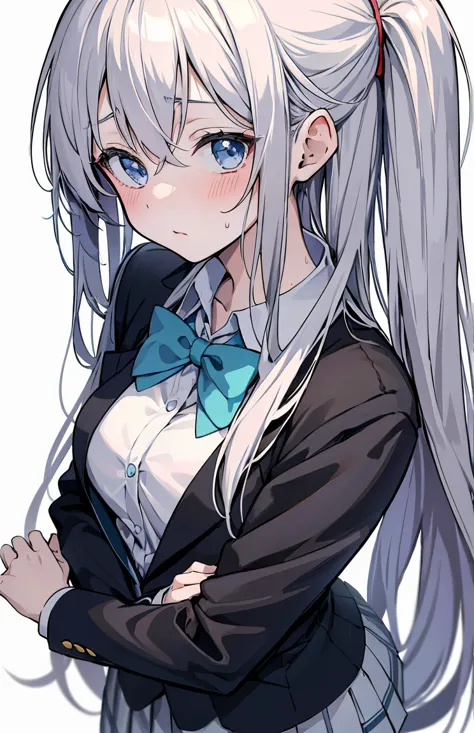 1 Anime cute high school girl, bottom view, wearing high school suit, close view of face, thinking pose, wearing high school bow...