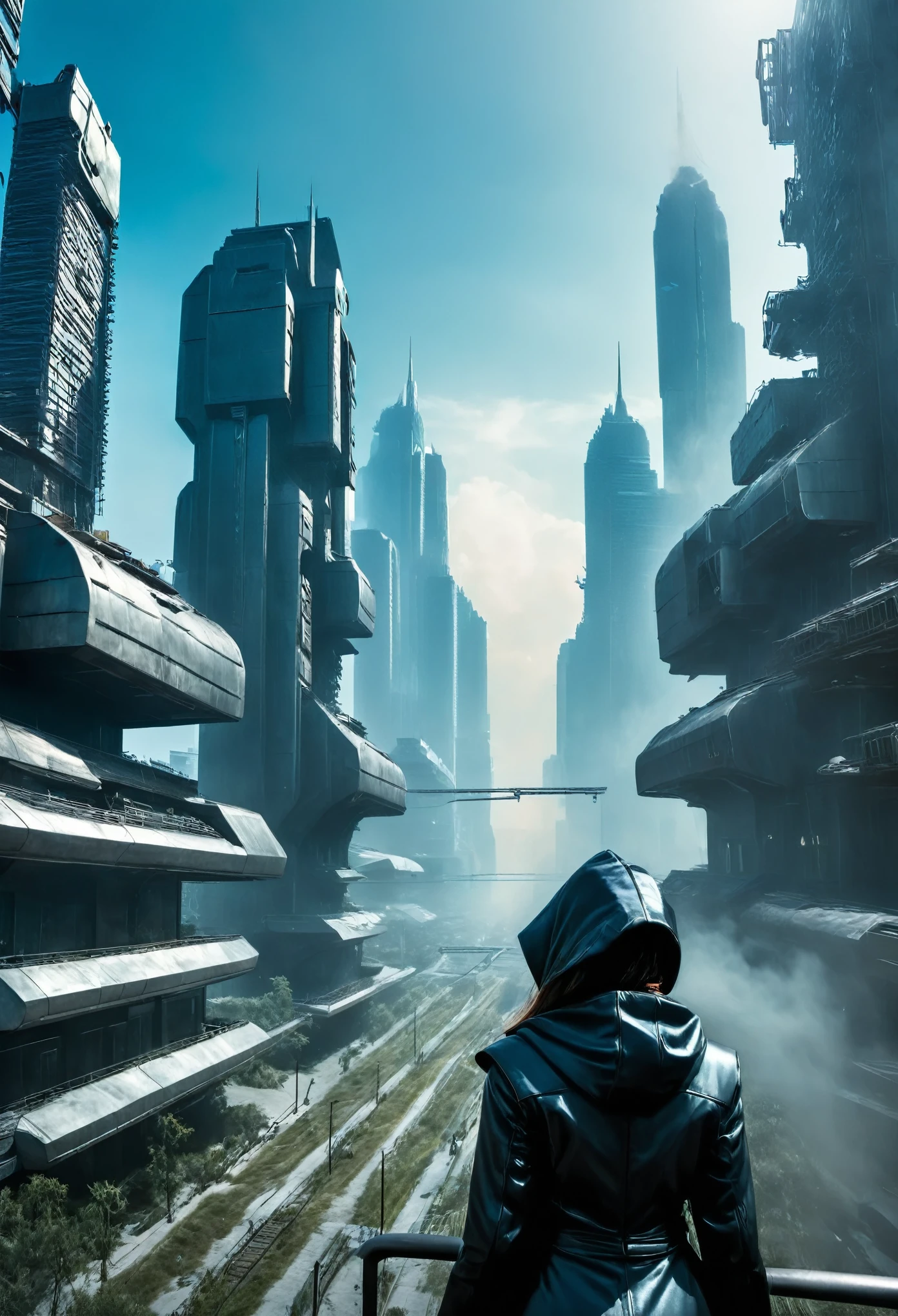 image taken from behind the shoulder of a woman from behind and DRESSED WITH A HOOD from the balcony of a futuristic building with, She is looking at an aerial view of an ultrafuturistic North American megalopolis, view of the whole city with many metallic buildings and houses in dark colors, from dark blue to black, the city has shades of metal gray, has smoky metal structures , industrial environment with smoke and fog around, dark cars on the streets, desert megalopolis, gardens around the buildings, Modern metal rails and trains passing through the city streets, tall futuristic metal buildings, many ultramodern buildings around, , as realistic as possible, as detailed as possible, Science fiction
