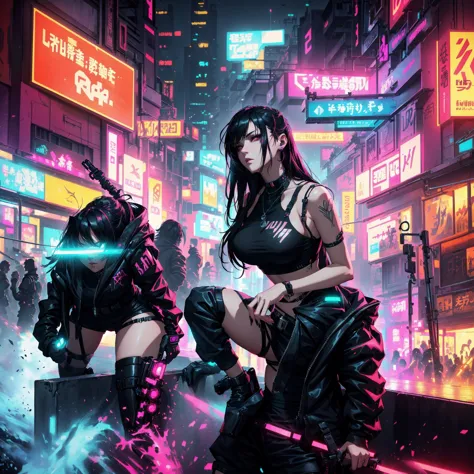 arafed image of a woman in a black top and shorts standing in a crowded street, cyberpunk vibe, cyberpunk vibes, cyberpunk art s...