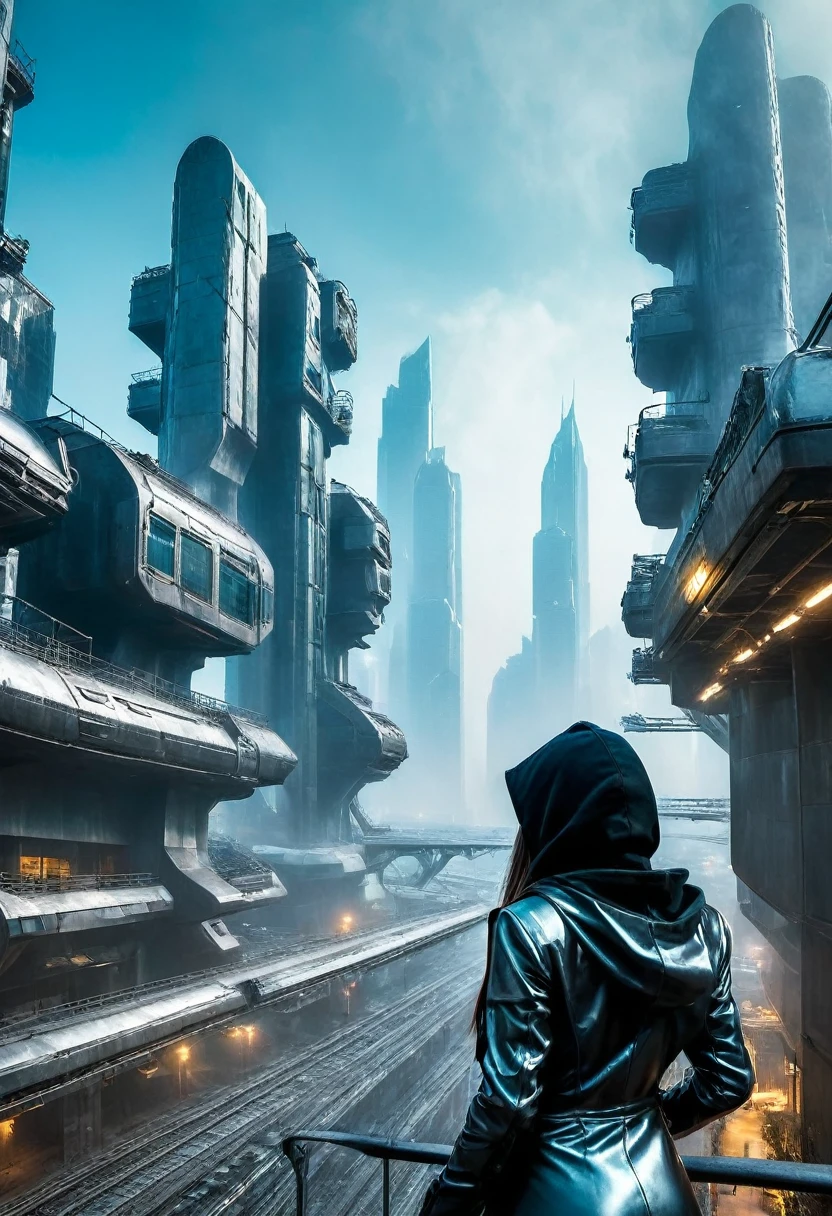 image taken from behind the shoulder of a girl with her back turned and DRESSED IN A HOOD from the balcony of a beautiful, futuristic building, She is looking at an aerial view of an ultrafuturistic North American megalopolis, view of the whole city with many beautiful metallic futuristic buildings and houses in dark colors, from dark blue to black, the city has shades of metal gray, has smoky metal structures , industrial environment with smoke and fog around, dark cars on the streets, desert megalopolis, gardens around the buildings, Modern metal rails and trains passing through the city streets, tall futuristic metal buildings, many ultramodern buildings around, , as realistic as possible, as detailed as possible, Science fiction
