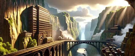((masterpiece)),((best quality)),((high detial)),((realistic,)) Industrial age city, deep canyons in the middle, architectural s...