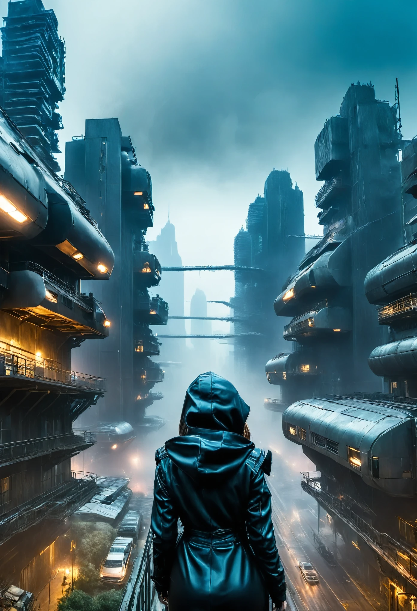 image taken from behind the shoulder of a girl with her back turned and DRESSED IN A HOOD from the balcony of a beautiful, futuristic building, She is looking at an aerial view of an ultrafuturistic North American megalopolis, view of the whole city with many beautiful metallic futuristic buildings and houses in dark colors, from dark blue to black, the city has shades of metal gray, has smoky metal structures , industrial environment with smoke and fog around, dark cars on the streets, desert megalopolis, gardens around the buildings, Modern metal rails and trains passing through the city streets, tall futuristic metal buildings, many ultramodern buildings around, , as realistic as possible, as detailed as possible, Science fiction
