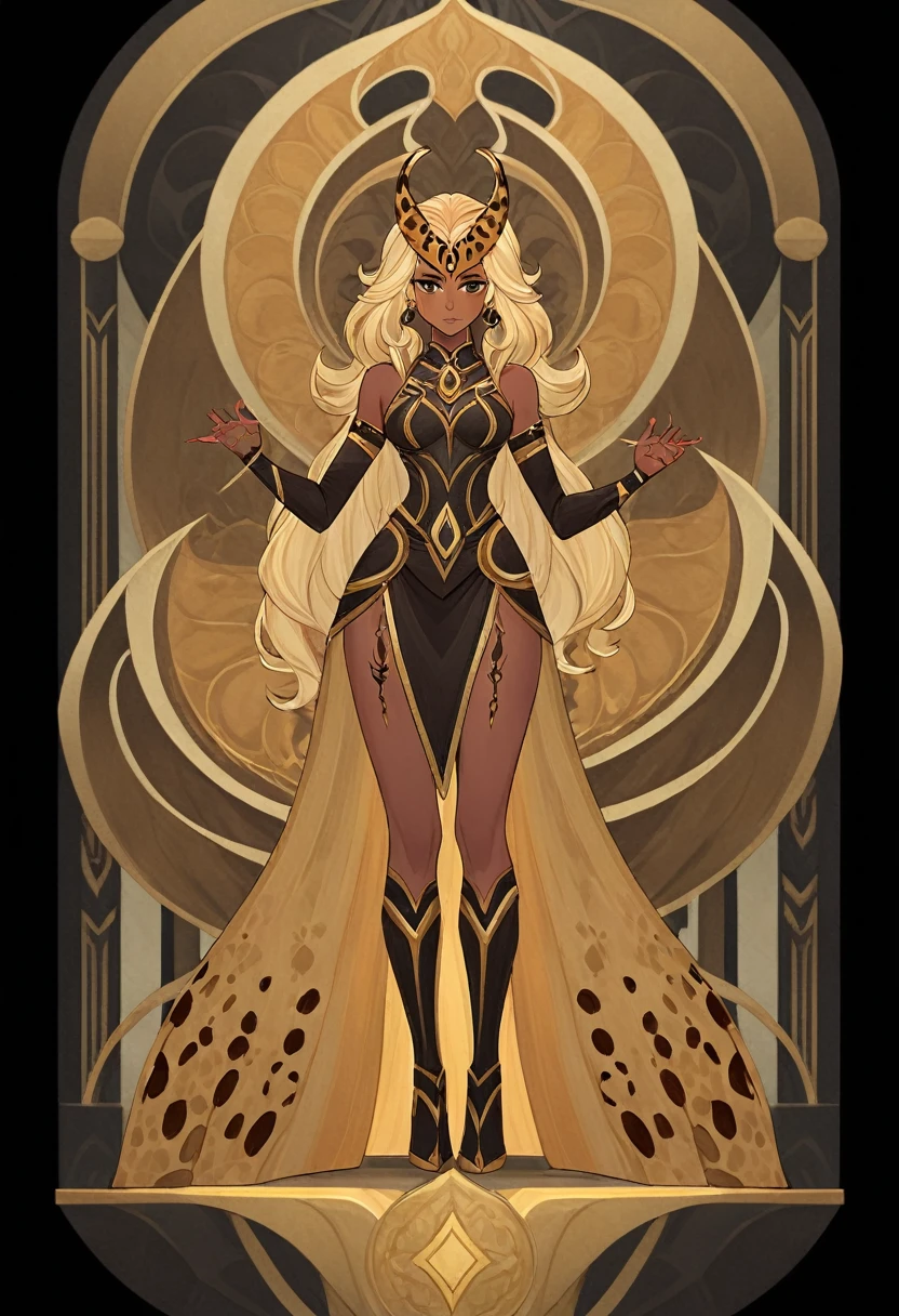 Full-length portrait of 1 girl, (Cheetah girl), long hair, dark_skin, dark_skinned_female, blonde hair, Holding a giant spera in his hand, tribal Armor, standing on your feet, (((solo))), Clear facial features, Simple line design, ((tarot card background, symmetric beauty)), perfectly symmetrical, The art of symmetry, Standing drawings of characters, ((flatcolors)), tmasterpiece，top Quority，best qualtiy，Ultra-high resolution, ((Clear facial features，beautidful eyes，beauitful face, Exquisite facial features))