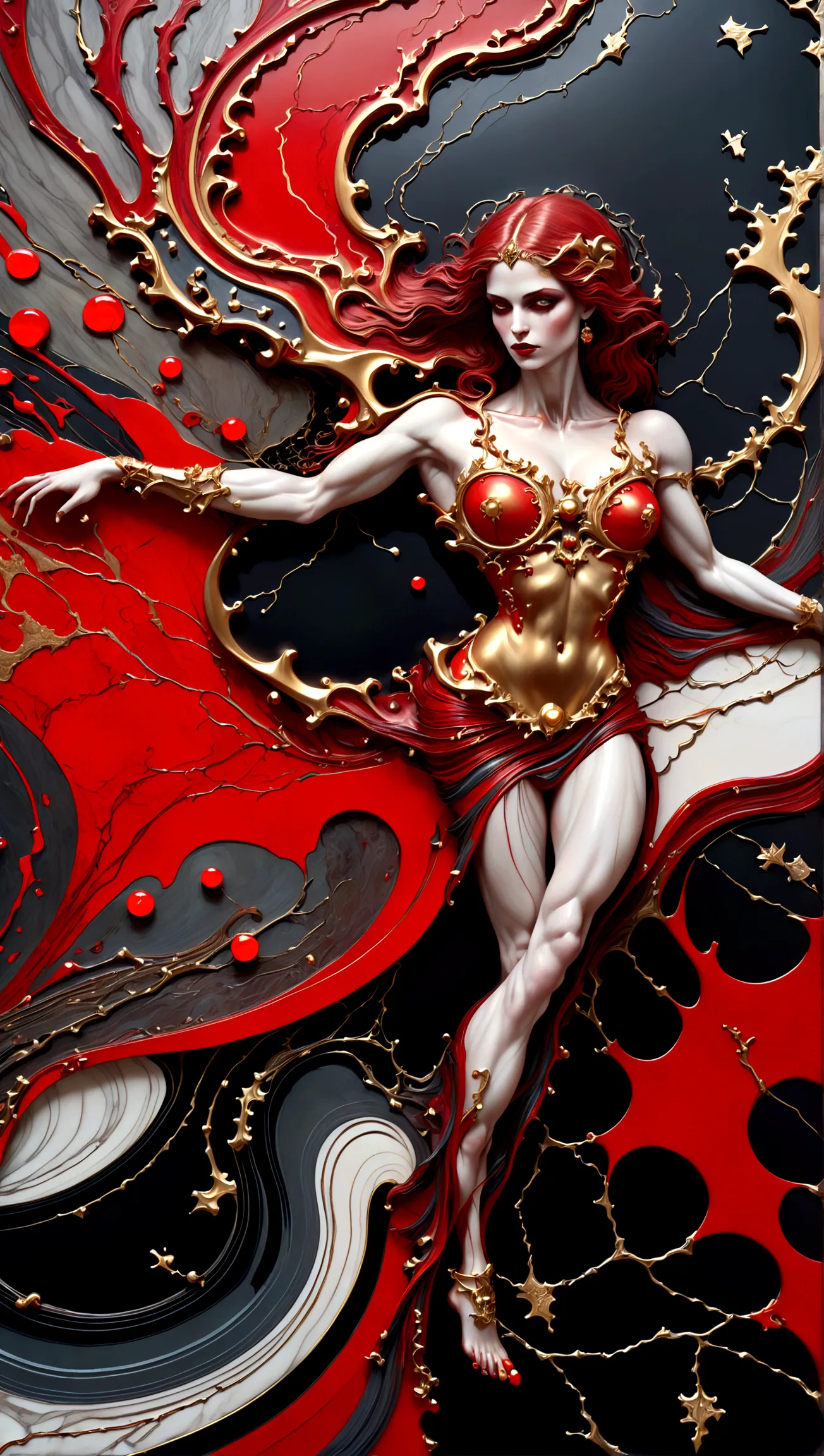 a beautiful illustration of a very muscular vampire girl in an abstract marble texture with a tarot style frame, with colors of ...