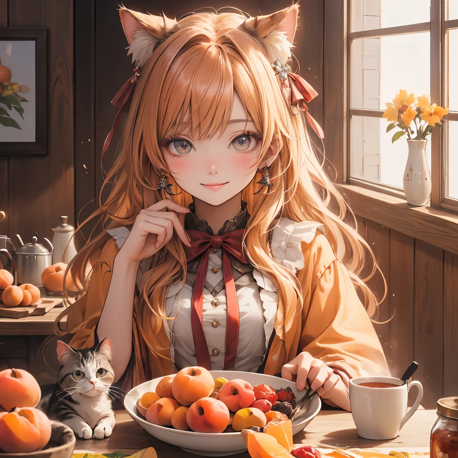 (masterpiece), Highest quality, Ultra-high resolution,A cat wearing an apricot-colored ribbon、apricot colored hair、Apricot-colored eyes、Apricot-colored clothing、Apricot jam、breakfast、smile