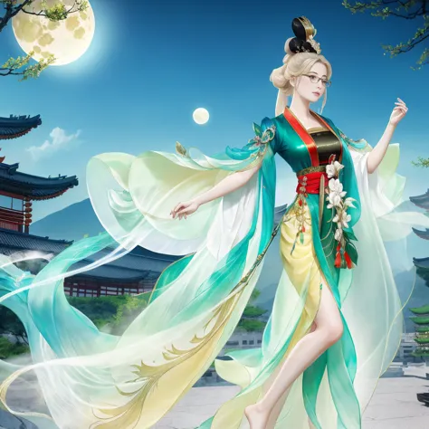 1girll，Wearing glasses, blonde hair, Full body standing painting，The barefoot，Chinese Ancient Times，entire body image，solo，game ...