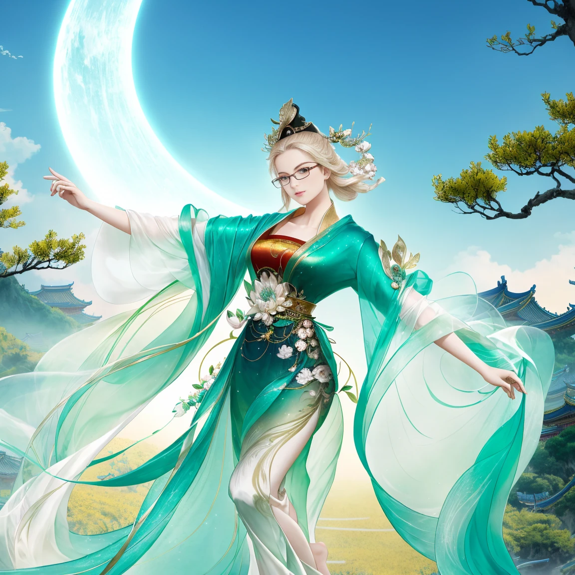 1girll，Wearing glasses, blonde hair, Full body standing painting，The barefoot，Chinese Ancient Times，entire body image，solo，game fairy，ancient chinese beauti，Wearing ancient Chinese green clothing，Intricate patterns，Flowing tulle，Flowing sleeves，light silk，hair adornments，jewely，clean color，natta，themoon，tmasterpiece，ultra - detailed，Epic work, high high quality, Best quality at best, 4K