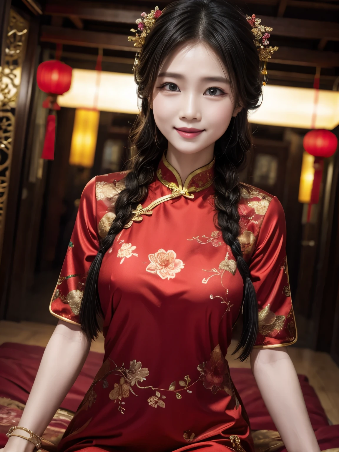 Eyes are very fragile，Double braids with cheongsam，Chinese New Year Decorations（（Smiling artwork）））， （（best quality））， （（Intricate details））， （（Surreal））（8K）