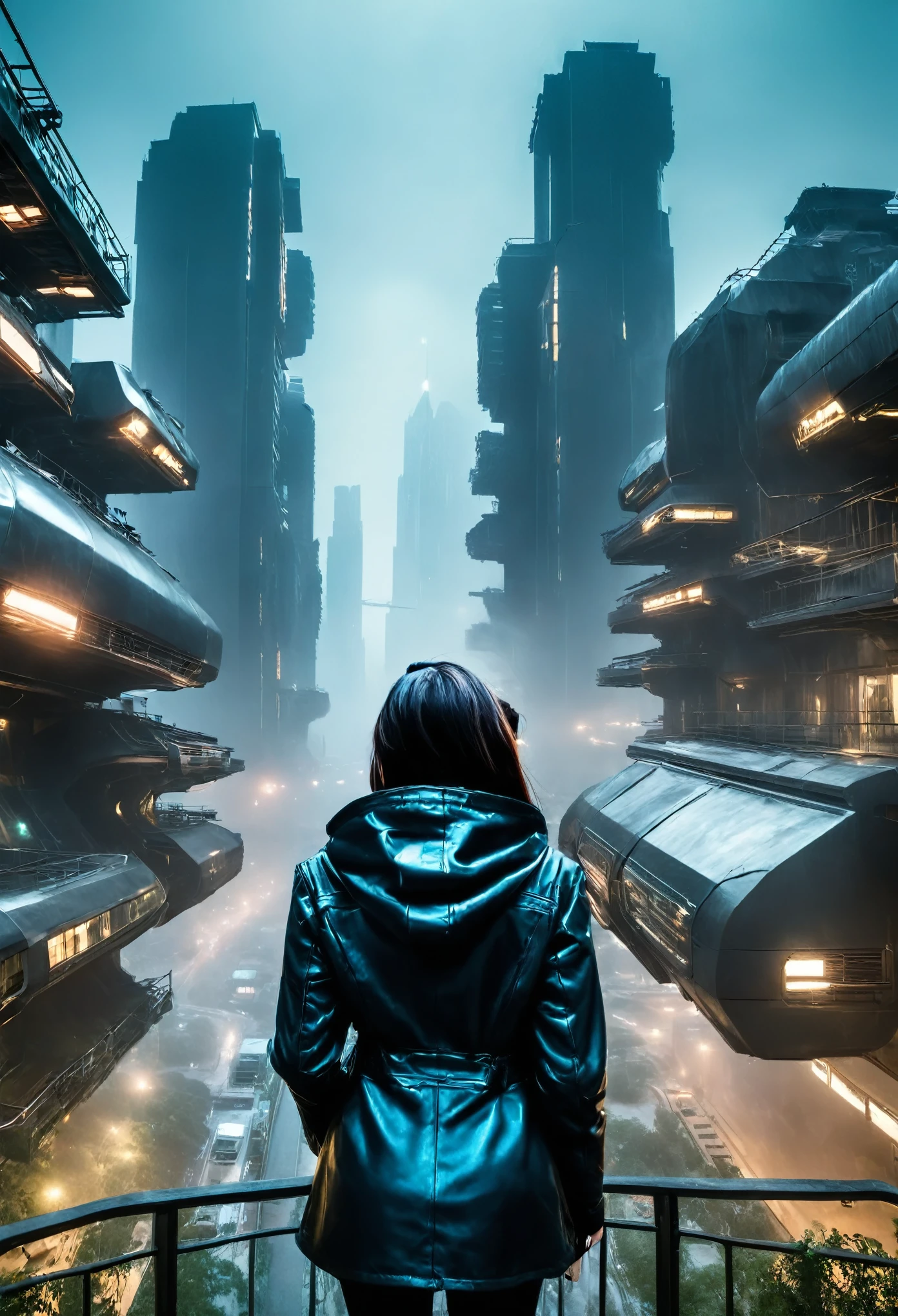 image taken from behind the shoulder of a girl with her back turned and DRESSED IN A HOOD from the balcony of a beautiful, futuristic building, She is looking at an aerial view of an ultrafuturistic North American megalopolis, view of the whole city with many beautiful metallic futuristic buildings and houses in dark colors, from dark blue to black, the city has shades of metal gray, has smoky metal structures , industrial environment with smoke and fog around, dark cars on the streets, desert megalopolis, beautiful gardens with people around the buildings, Modern metal rails and trains passing through the city streets, tall futuristic metal buildings, many ultramodern buildings around, , as realistic as possible, as detailed as possible, Science fiction
