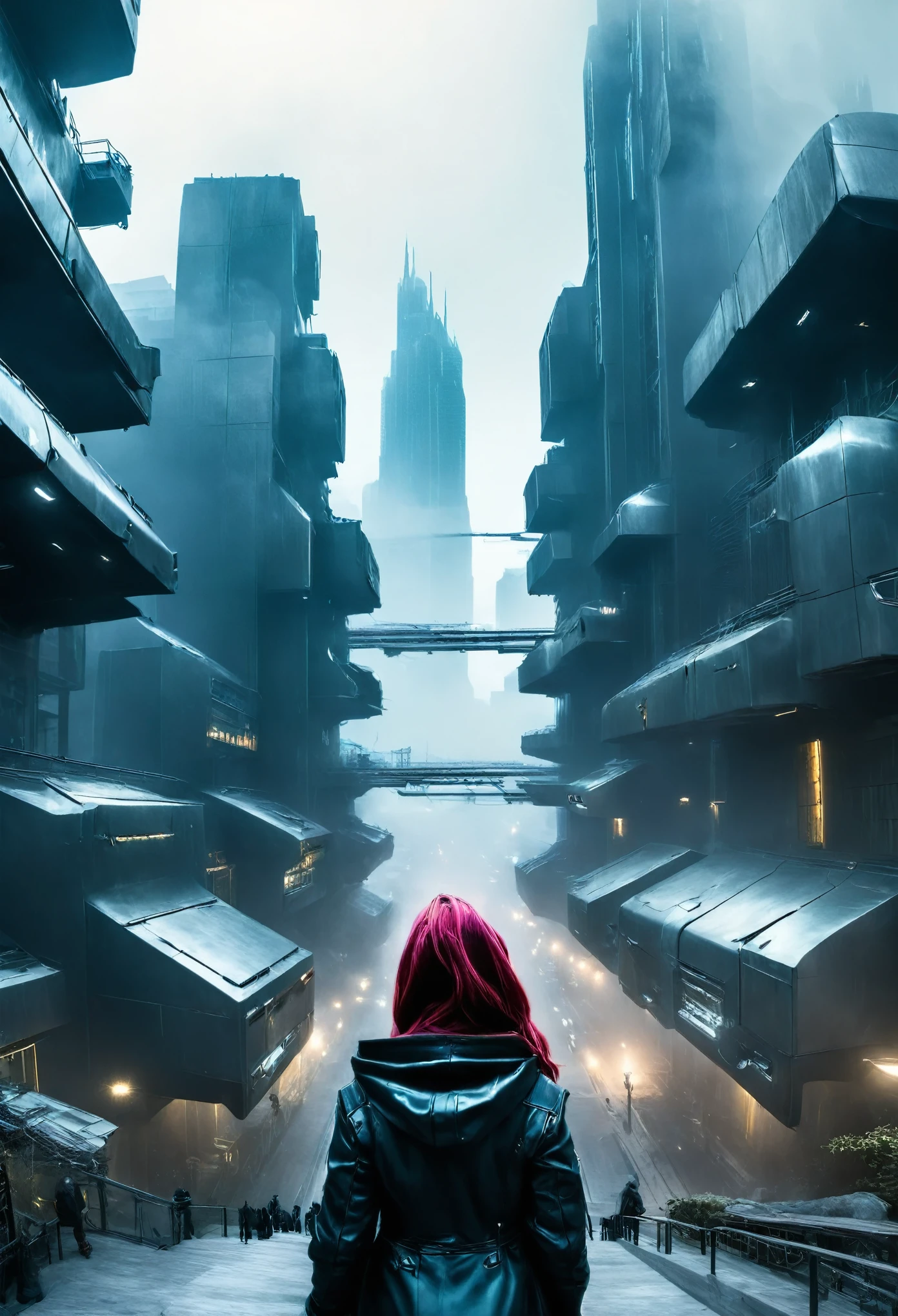 image taken from behind the shoulder of a girl with her back turned and DRESSED IN A HOOD from the balcony of a beautiful, futuristic building, She is looking at an aerial view of an ultrafuturistic North American megalopolis, view of the whole city with many beautiful metallic futuristic buildings and houses in dark colors, from dark blue to black, the city has shades of metal gray, has smoky metal structures , industrial environment with smoke and fog around, dark cars on the streets, desert megalopolis, beautiful gardens with people around the buildings, Modern metal rails and trains passing through the city streets, tall futuristic metal buildings, many ultramodern buildings around, , as realistic as possible, as detailed as possible, Science fiction
