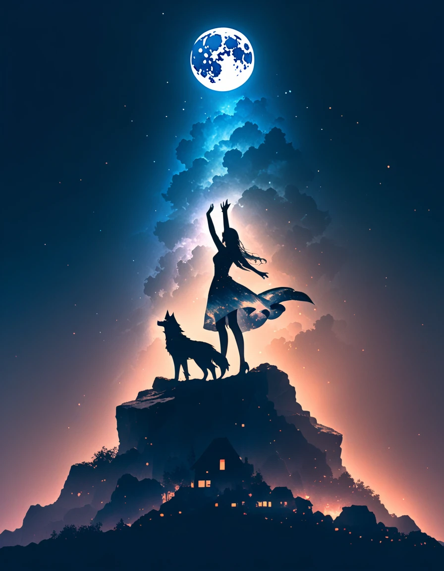 A serene silhouette artwork showing a woman with her arms raised, reaching towards the sky. Her silhouette blends with that of a howling wolf standing on a rocky outcrop, backlit by a glowing full moon. The background features a star-filled night sky with subtle hints of swirling, abstract patterns. The double exposure effect merges the woman’s reaching form with the wolf’s silhouette, creating a composition that feels both uplifting and mystical. The colors are primarily dark blues and blacks with bright white and silver highlights from the moonlight.